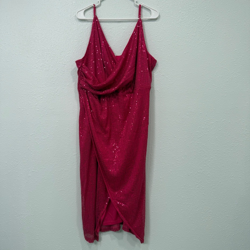 Double Crazy Pink Sequin V-Neck Wrap Midi Dress Plus Size 3XL MM2728-X-LDD